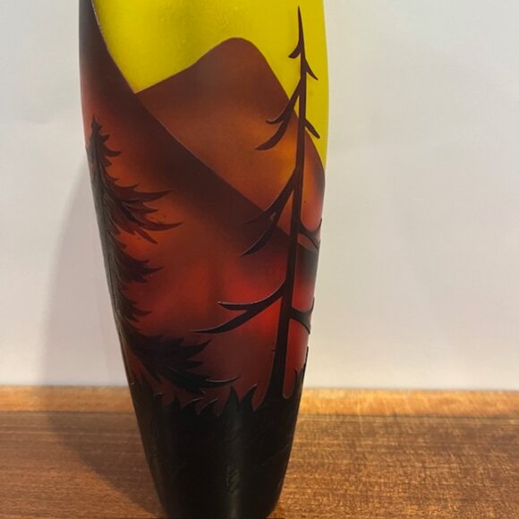 Yellow Cameo Glass Vase with Mountain Scene and Trees - Picture 7 of 9